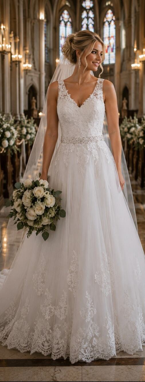 #272 NWOT MSRP $350 CLASSIC A-LINE LACE TULLE BRIDAL WEDDING DRESS ♡SIZE S♡